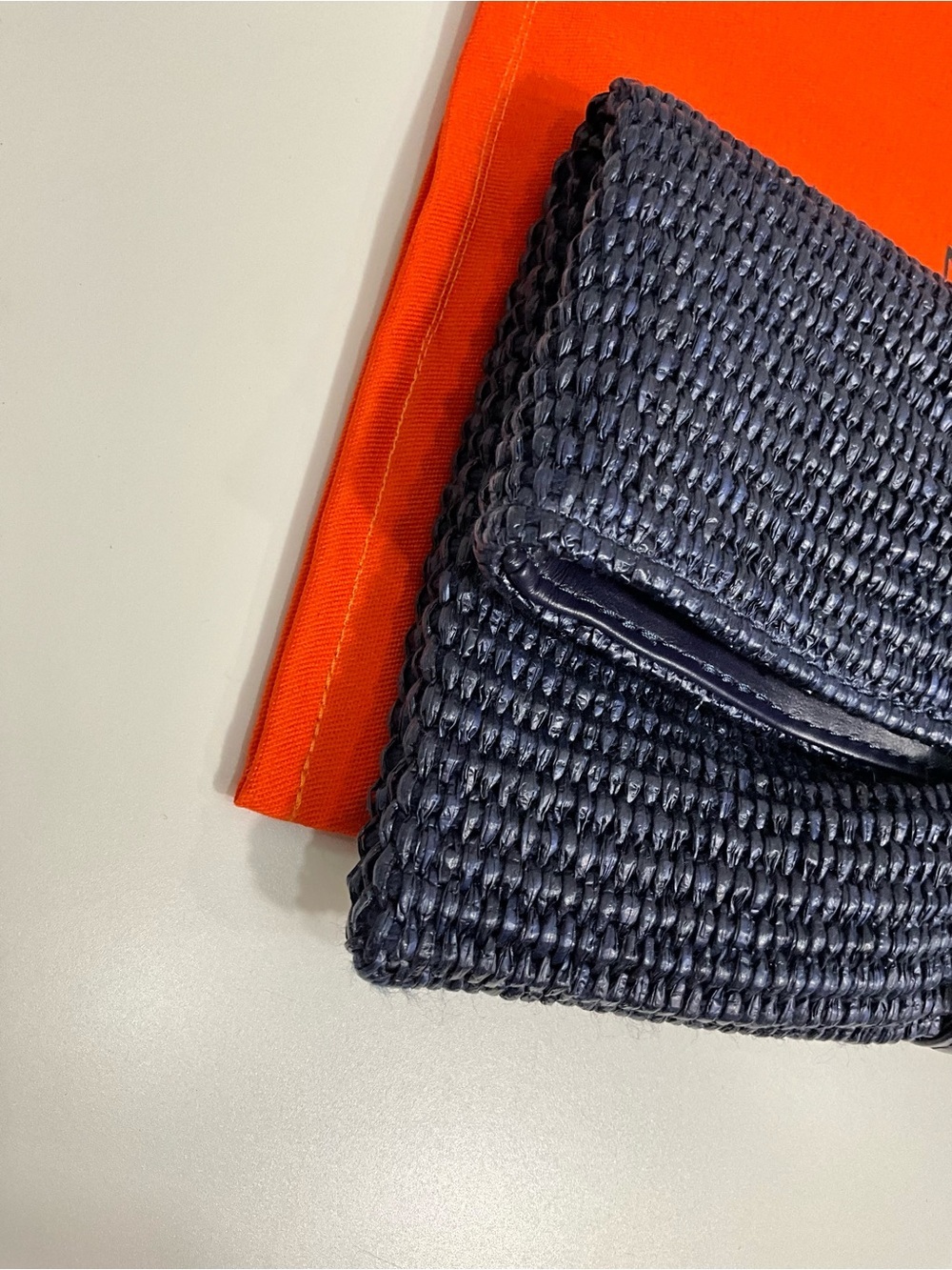 NOVINSKA Navy Blue Woven Foldover Raffia Clutch Bag Lamb Leather - Picture 3 of 8